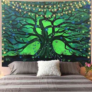 Fluorescent Green Tree Wall Tapestry Abstract Mandala Psychedelic Carpet Boho Decor Bedroom Dorm Hippie Tapestry Aesthetic Cloth J220804