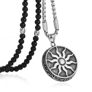 Pendant Necklaces Punk Stainless Steel Sun God Apollo Necklace Black Natural Stone Chain 26" Link For Men JewelryPendant