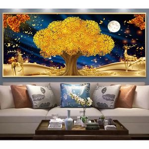 Golden Tree Rich Money Deer Moon Abstract Painting Posters e Print Wall Art Pictures para Decoração de casa da sala Cuadros