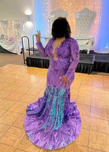 Plus Size Purple Sequin Evening Dress With Long Sleeve Large Mermaid Black Girls Prom Dresses For Women Night Formal Wear Party Women Special Robes De Soirée 2022