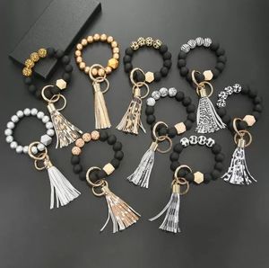 Fashion rosted Wooden Bead Bracelet Keychain Party Favor Pattern Tassel Pendant Bracelets Women Girl Key Ring Wrist Strap 7 Colors