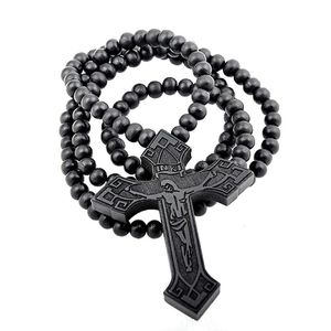 Anhänger Halsketten Original Hip Hop Holz Kreuz Halskette Für Männer Colares Lange Perlen Kette Jesus Männlich Rock Schmuck GiftPendant