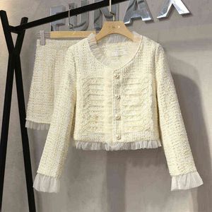 Liten doft 2021 Ny Spring Fall Vintage kjolstycke Set Women Luxury Buttons Woolen Tweed Jacket Short Coat kjol Duits T220729