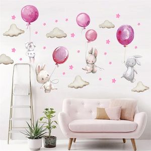 Aquarelle Ballon rose Bunny Cloud Wall Stickers For Kids Room Baby Nursery Room Decoration Wall Decs Boy and Girls Cadeaux PVC 220727