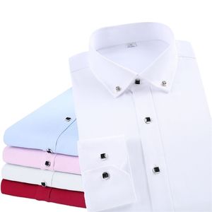 High Quality Mens Long Sleeve Shirt Dress Casual Solid Color Routine Fit Design Business Male Social Shirts White Blue Black 220813