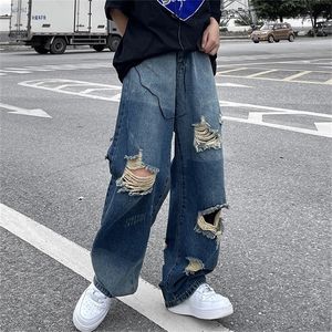 Versi Korea dari Ins HipHop High Street Hipster Tertekan Jeans Lurus Sobek Tua Pria Kasual Liar Longgar Celana Lebar Kaki 220817