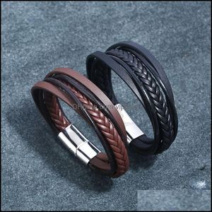 Charm Bracelets Jewelry Simple Handmade Briaded Mtilayer Leather Stainless Steel Rock Bangles For Men Part Dhaek