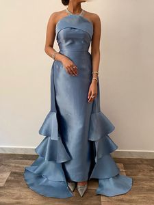 Elegant Blue Stain Sheath Prom Dresses with Ruffles Detachable Skirt Sleeveless Scalloped Long Formal Evening Gowns 2022 Ladies Plus Size Special Occasion Dress