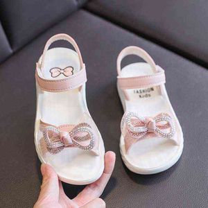 2021 Scarpe per bambini per ragazza Sandali Bambini Spiaggia Moda Strass Fiocco Sandalo Principessa Scarpe da scuola 3 4 5 6 7 8 9 10 11 12 Anni G220523