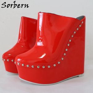 Sorbern Red Shiny Women Mules Pump Shoe Wedges Studed Slip On 20Cm High Heel Unisex Fetish Outdoor Slippers Closed Toe Custom