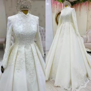 Vestidos de casamento de pescoço alto vestido de noiva com mangas compridas frisado renda applique cetim varredura trem feito sob encomenda plus size vestido de novia