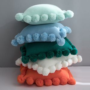 Cushion Cover White Green Orange Blue Solid Knitted Pillowcase with Big Pompon Sofa Bed Home Decoration Pillowcase 220816