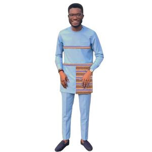 Costumes pour hommes Boutique Vêtements Costume de marié pour hommes Bleu clair Patchwork Chemises Pantalon Pur Coton Pantalon Mâle Ensembles Mariage Africain Outf