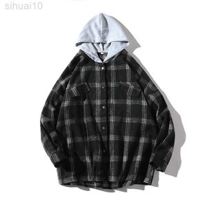 New Spring Autumn Men Shirt With Hooded Brand Hip Hop Lattice Shirt Coat Men Streetwear Single Breasted Shirts Men Clothing 2022 L220730