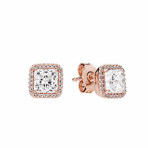 18K Rose Gold Stud Earrings 925 Sterling Silver Cz Diamond Women Mens Jewlry With Original Box för Pandora Square Sparkle Halo Earring