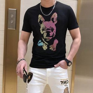 Men's Short Sleeve T-shirt Fashion Dog Head Cartoon Rhinestone Leisure Large Cotton Streetwear Male Tees Trendy Brand Man Clothing S-4XL