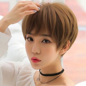 Cute and handsome wigs girl short straight hair false Black light brown personality men women full head sets