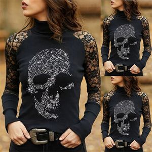 Skull Printed Lace Floral Ladies Tshirt Autumn Drilling Gothic Women Blouses T-Shirt Tops Long Sleeve Sexy Business Ol 220321