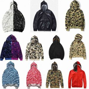 Hip Hop Camo Zip-front Shark Bluza z kapturem Kamuflaż nadruk Bluza Kąpiel Ape swetry bluzy hip-hopowe litery długie rękawy pluszowe męskie kobietę Big a wypoczynek