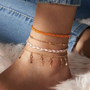 4pcs/sets Shiny Colorful Crystal Stone Anklets for Women Bohemian Rope Star Tassel Barefoot sandals Jewelry