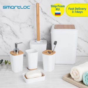 smartloc 6 pieces Plastic Bathroom Accessories Set Toothbrush Holder Toothpaste Dispenser Case Soap Box Toilet Shower Storage 220624