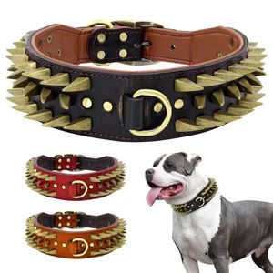 Dog Collars & Leashes 2'' Width Leather Collar Durable For Big Dogs Sharp Spikes Studded Medium Large Pet Pitbull German ShepherdDog