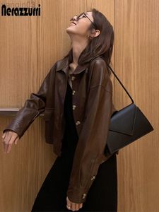 Nerazzurri осень короткие коричневые кожаные куртки с длинным рукавом 2022 Spring Light Soft Faux Leather Jackets для женщин L220801