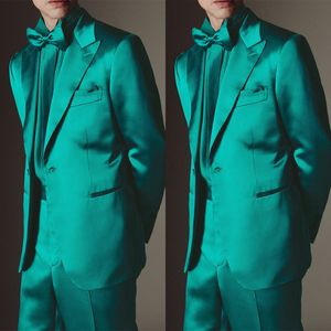 Green Satin Wedding Tuxedos Peaked Lapel Mens Jacket Suits Handsome Men Prom Party Formal Outfit Jacket and Pants