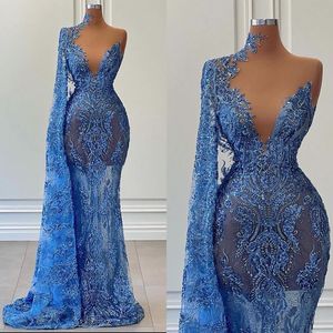 Babyblaues Meerjungfrau-One-Shoulder-Illusion-durchsichtiges Ballkleid, Abendkleid, maßgeschneiderte Spitze mit Pailletten, formelles Promi-Partykleid für Frauen