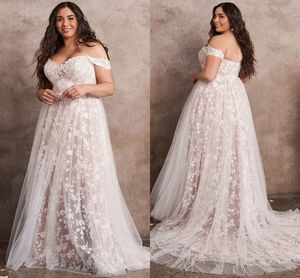 Vestidos de noiva de praia plus size 2022 Tulle Full Tulle vestido de Novia fora do ombro Bohemian Pleats v Neck Bridal Vestio