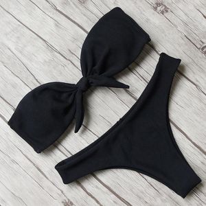 Kadın mayo plajı bikini 2022 kadın seksi ön bowknot askısız katı tüp üst mayo kadın push yukarı yay mayo tanga