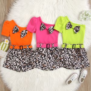 Girls Designer Clothes Kids Summer Boutique Clothing Sets Baby Half Shoulder Bubble Sleeve Bowknot Tops Leopard Belt Shorts Suits Casual T-Shirts Pants Outfits B23