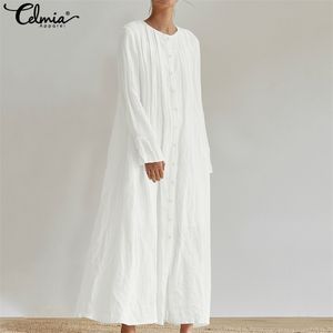 Celmia Women Long Sleeve Pleated See Through Shirt Dress Casual Loose Fashion Dress Buttons White Maxi Long Vestidos Plus Size 7 T200416
