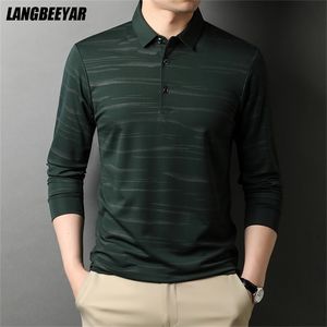 High End Designer Fashion Brand Polo Shirt Men Black Striped Plain Korean Casual Long Sleeve Tops Men kläder 220514