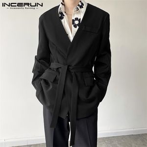 INCERUN Men Blazer V Neck Long Sleeve Solid Elegant Casual Suits With Belt Streetwear Fashion Leisure Thin Jackets S-5XL 220409