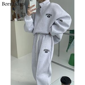 Bornladies Tuta in felpa di cotone da donna Completi oversize Colletto alla coreana femminile Felpa allentata Pantaloni lunghi Tute Completi corti 220817