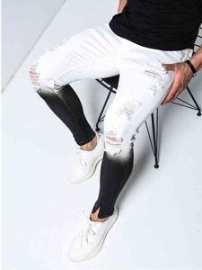 Jeans homens rasgados jeans magros lápis calças motocicleta branco gradiente rampa calças casuais roupas moda denim jogger calças g0104