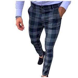 Men's Casual Autumn Plaid Pants Skinny Pencil Zipper Elastic Waist Business Trousers Suit Male Fashion 220325