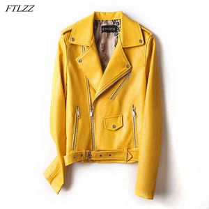 FTLZZ 2022 Spring Women New Yellow Faux Leather Jackets Motorcycle Biker Pink Black Outerwear with Belt Lady Pu Jacket L220728