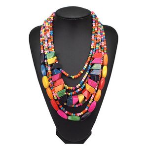 Hänge halsband kvinnor smycken 7 färger bohemia multi lager pärlor kedja geometriska träblockhängen lång uttalande pärlhalsband