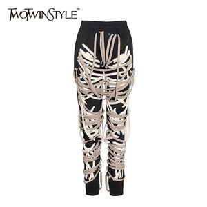 Twotwinstyle Casual Patchwork Bandage Black Pants For Women High midja Plus Size Harem Pants Female Autumn Fashion New 201112