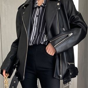 Lautaro Autumn Womens Leather Motorcycle Biker Jacket Zipper Long Sleeve Loose Red Black Soft Faux Leather Jacket for Women 220815