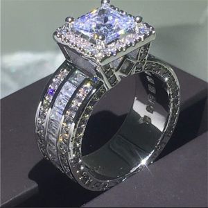 Unique Luxury Jewelry 925 Sterling Silver&Gold Fill Princess Cut Whie Topaz CZ Diamond Party Eternity Women Wedding Band Ring Gift