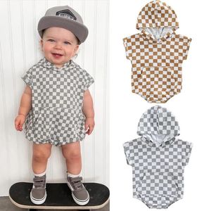 Summer Infant Baby Cotton Rompers Kids Boys Plaid Hooded Climb Clothing Toddlers Children Overalls Rompers