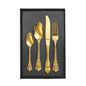 Vintage Western Gold und Silber vergoldetes Besteck-Set Speisemesser Gabeln Teelöffel Set Goldenes Luxus-Geschirr Gravur-Geschirr