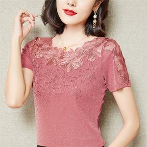 M-4xl mulheres t-shirt lace hollow bordado malha tops moda casual manga curta perfurar camisa feminina blusas 220321