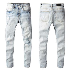 Mens Jeans Angel Kid Print For Young Guys Rip Slim Fit Skinny Man Pants Wearing Biker Denim Stretch Cult Stretch Motorcycle Trendy Long Straight Zipper With Hole Blue