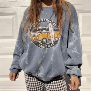 Autumn Women's Hoodies vintage biltryck överdimensionerade långa ärmar Lossa streetwear kvinnliga tröjor huvtröjor 2020 mode lj201124