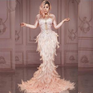Casual jurken Sparkly Rhinestone roze veer naaktjurk vol stenen lange staart verjaardag vieren drag queen kostuums dt545casual