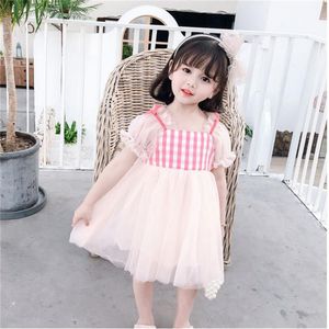 Vestidos femininos manga soprada de manga de princesa para meninas vestido de malha xadrez rosa